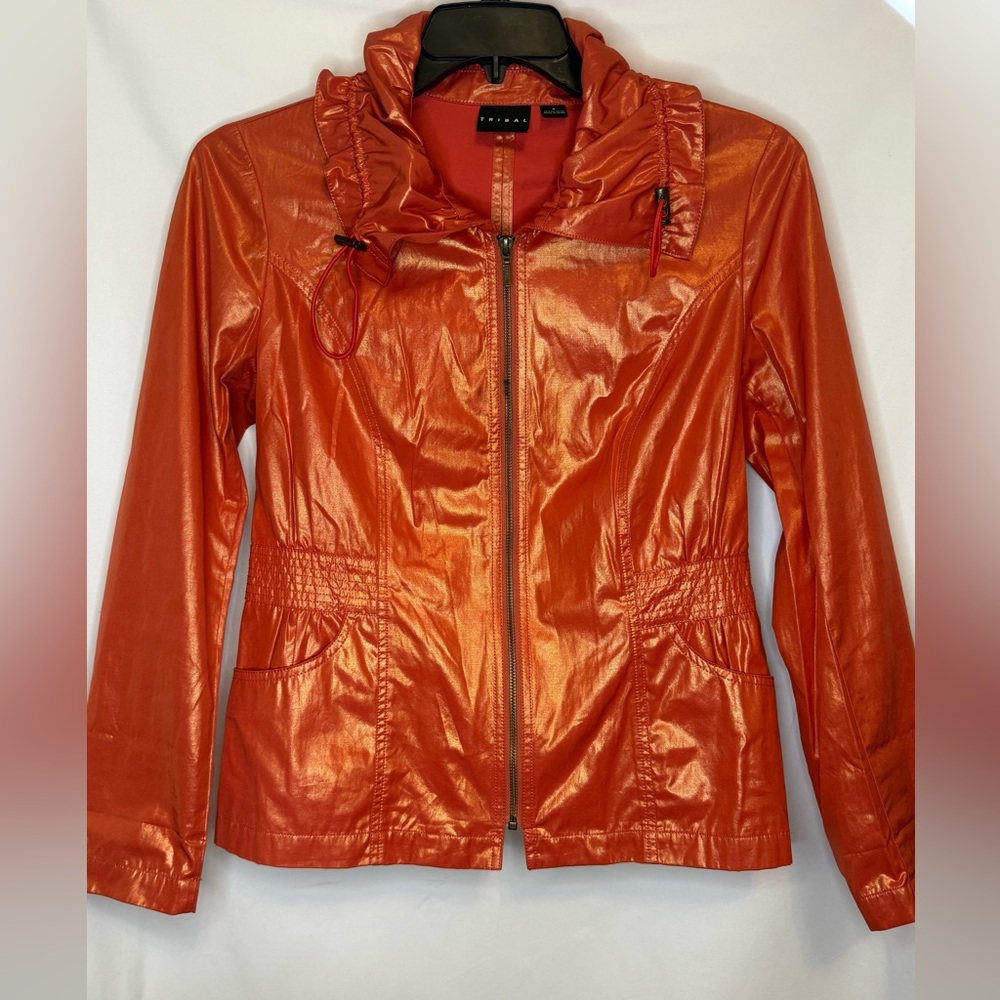 Tribal Metallic Orange Zip Front Jacket Sz 8 Shiny Windbreaker Ruffle Collar